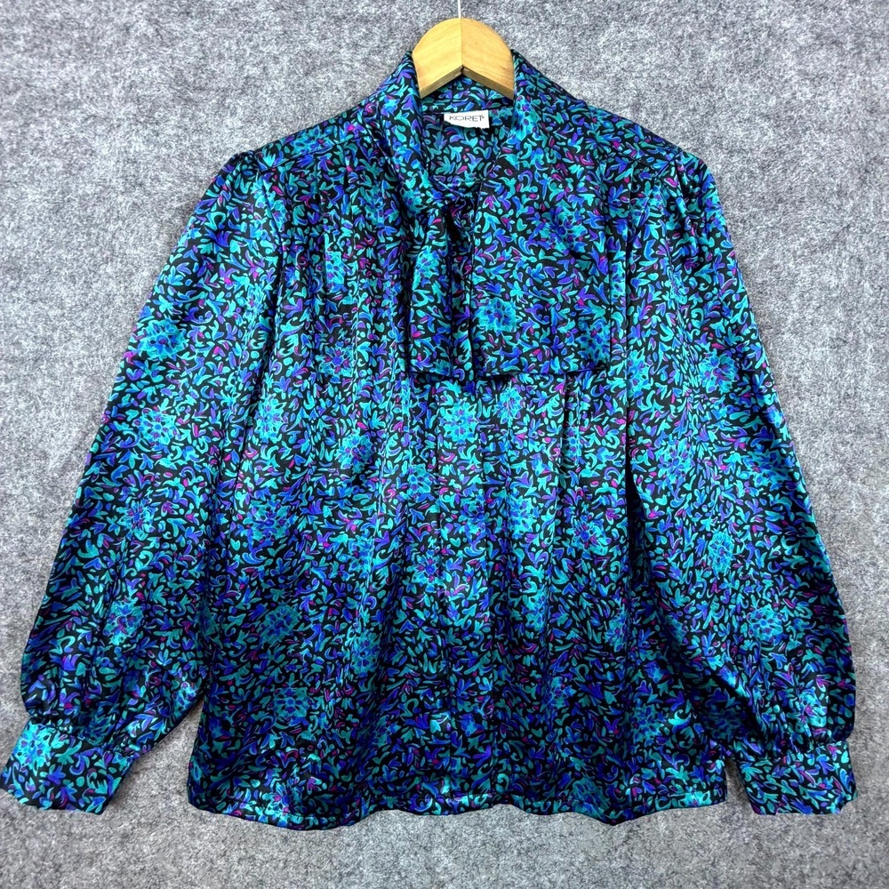Vintage Koret Secretary Blouse Womens Large Blue Floral Satin Silky Office Siren
